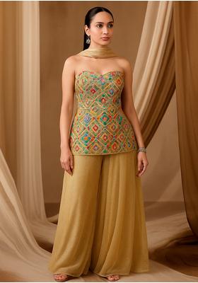 Beige Tissue Embroidered Sharara Set