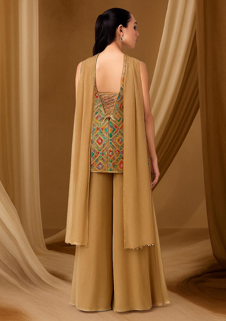 Beige Tissue Embroidered Sharara Set - Indya