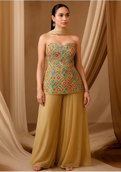 Beige Tissue Embroidered Sharara Set