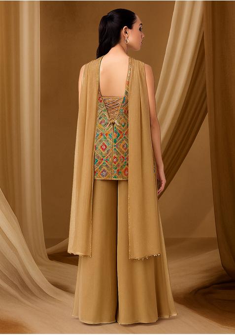 Beige Tissue Embroidered Sharara Set