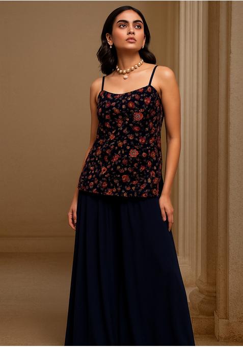 Navy Blue Velvet Embroidered Fusion Set