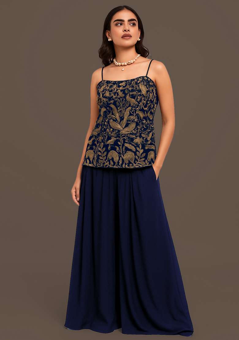 Dark Blue Embroidered Velvet Sharara Set - Indya