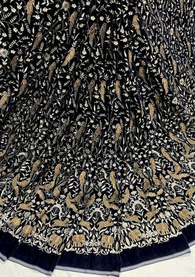 Dark Blue Embroidered Velvet Sharara Set - Indya
