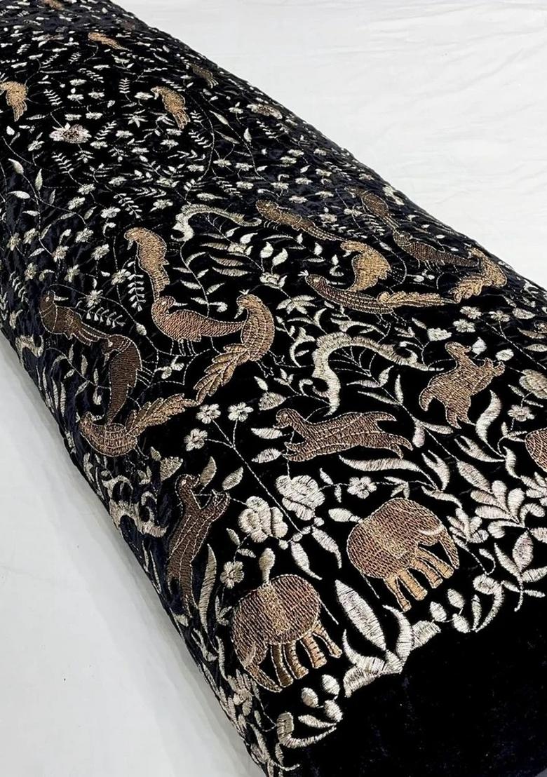 Black Velvet Embroidered Kurta Set - Indya