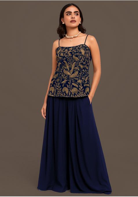 Dark Blue Velvet Embroidered Fusion Set