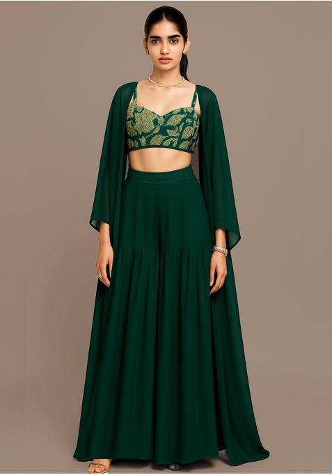 Dark Green Georgette Embellished Blouse Fusion Set