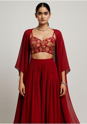 Maroon Georgette Embroidered Blouse Sharara Set