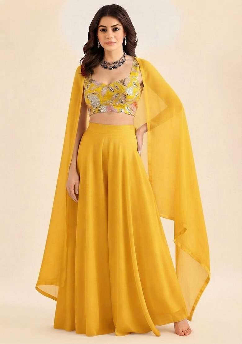 Yellow Georgette Embellished Blouse Fusion Set - Indya