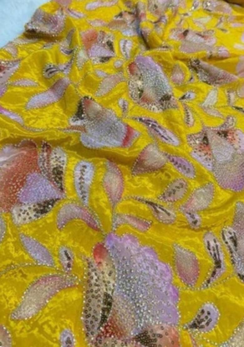Yellow Georgette Embellished Blouse Fusion Set - Indya
