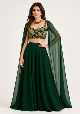 Dark Green Georgette Embroidered Blouse Sharara Set
