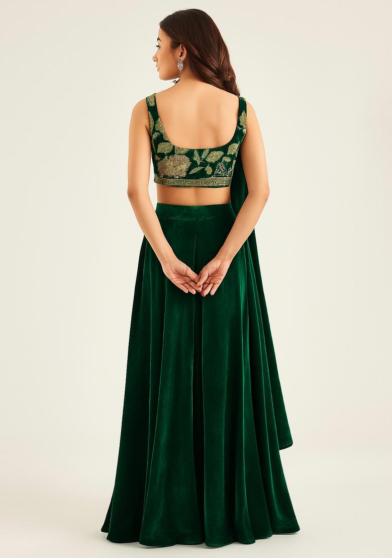 Dark Green Georgette Embroidered Blouse Sharara Set - Indya