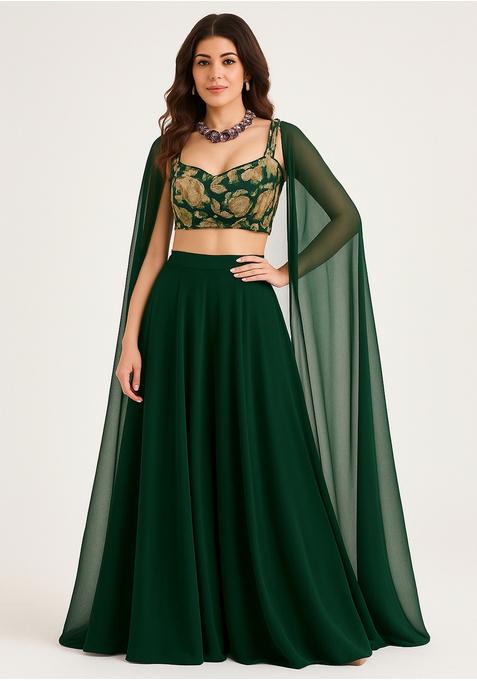 Dark Green Georgette Embellished Blouse Fusion Set