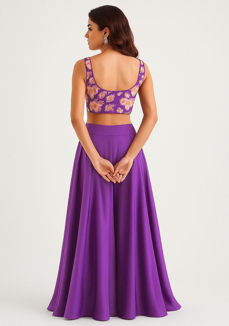 Purple Georgette Embroidered Blouse Sharara Set - Indya