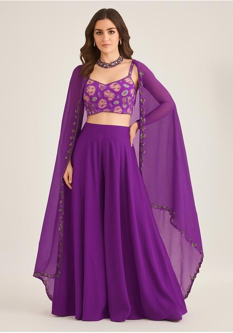 Purple Georgette Embellished Blouse Fusion Set