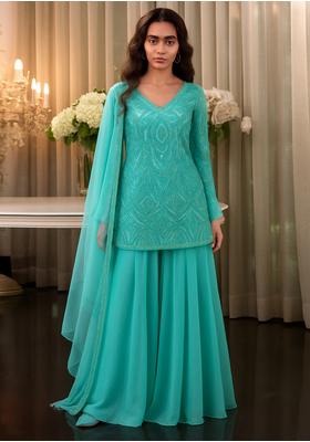 Aqua Blue Net Embellished Sharara Set