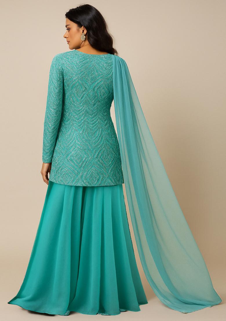 Aqua Blue Net Embellished Sharara Set - Indya