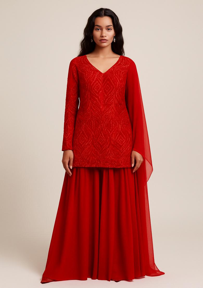 Red Net Embellished Sharara Set