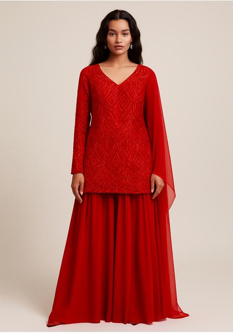 Red Net Embellished Sharara Set