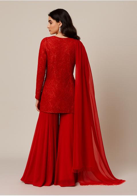 Red Net Embellished Sharara Set