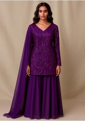 Purple Net Embellished Sharara Set