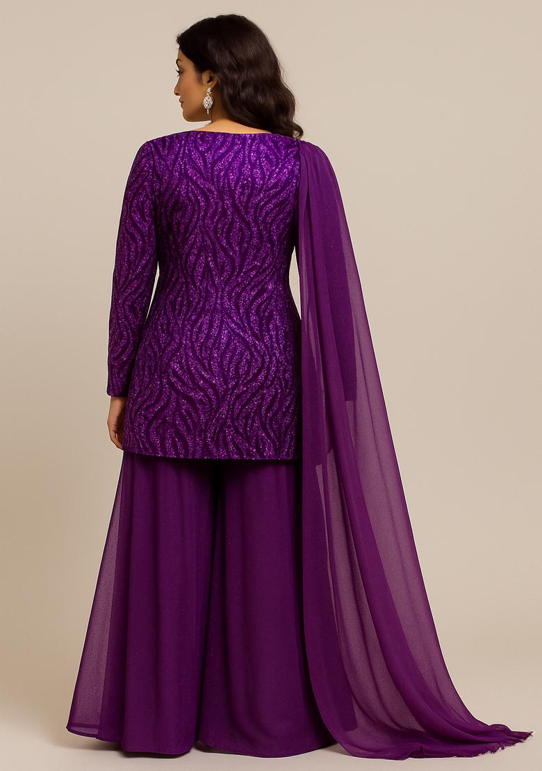 Purple Net Embellished Sharara Set - Indya