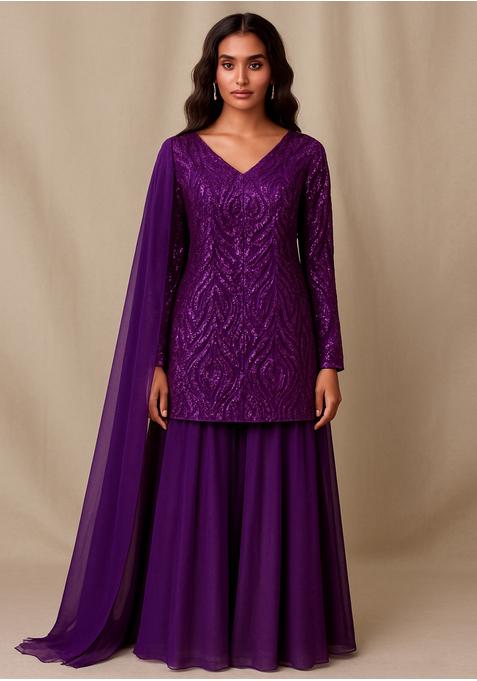 Purple Net Embellished Sharara Set