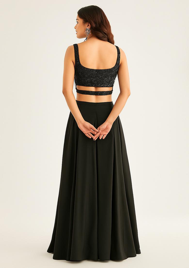 Black Net Embellished Blouse Sharara Set - Indya