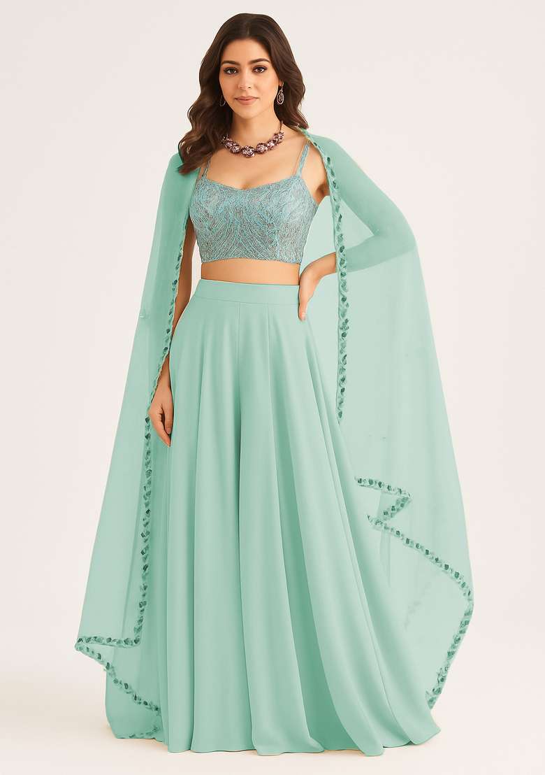 Sky Blue Net Embellished Blouse Fusion Set - Indya
