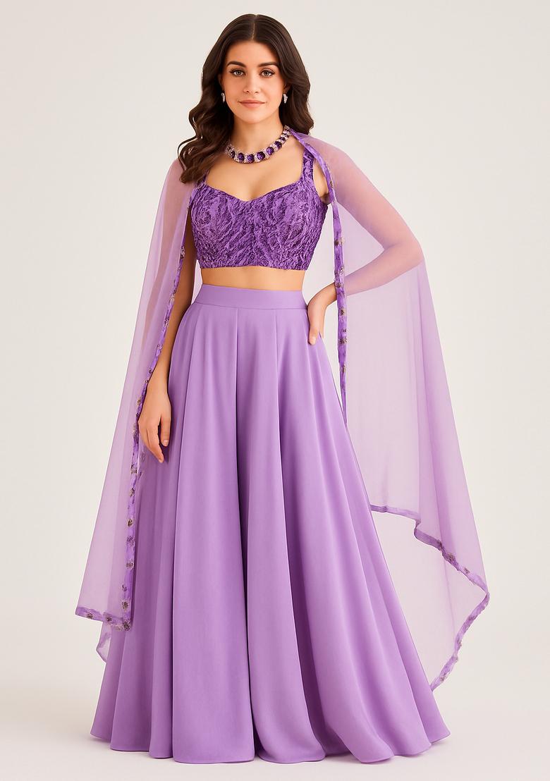 Purple Net Embellished Blouse Sharara Set - Indya