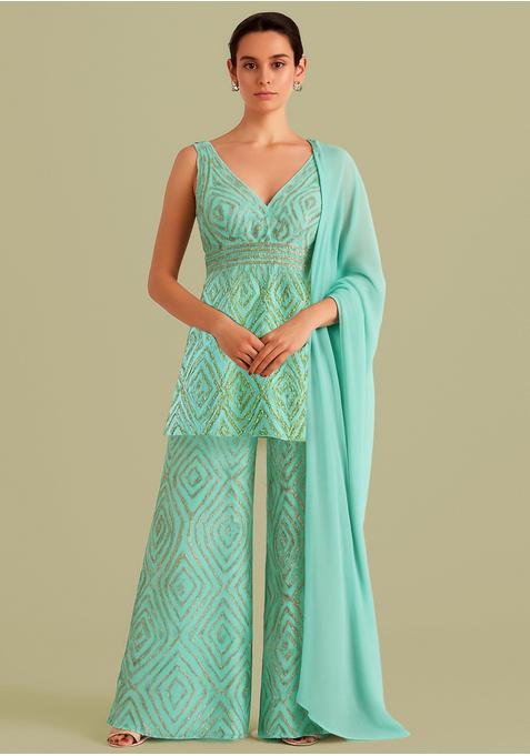 Mint Sequin Embroidered Georgette Sharara Set