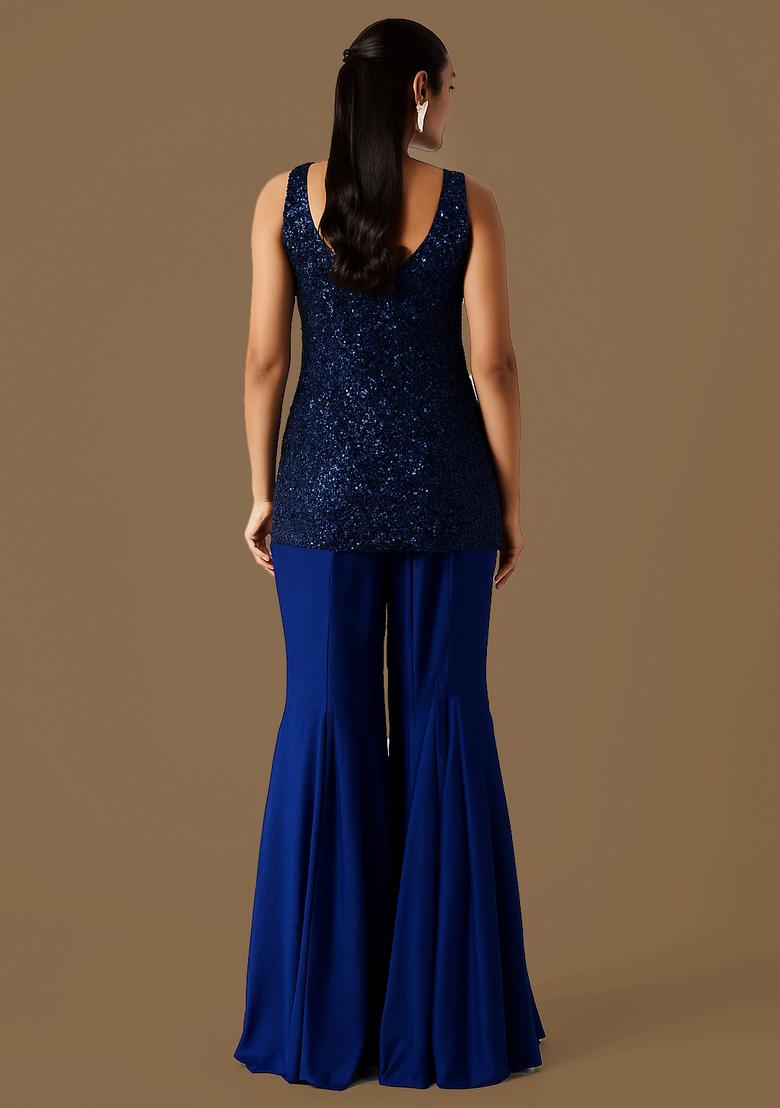 Dark Blue Embroidered Crepe Pre Draped Saree Set - Indya