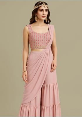 Peach Embroidered Blouse Georgette Fusion Set