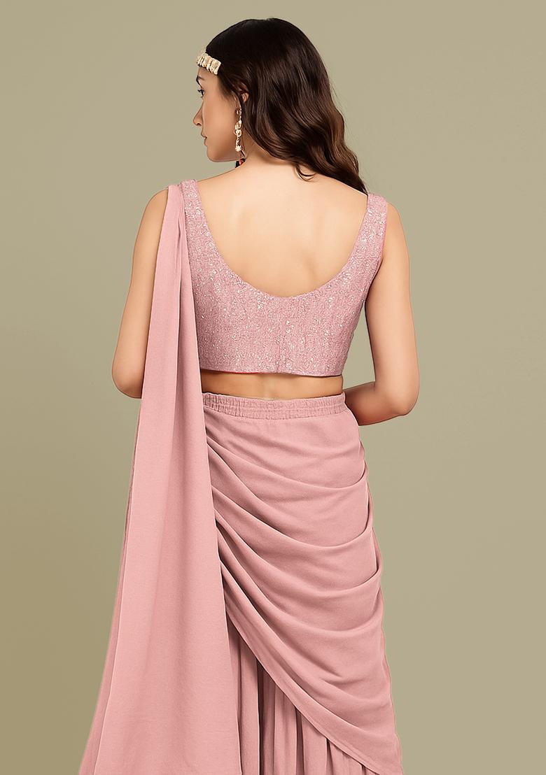 Peach Embroidered Georgette Fusion Set - Indya