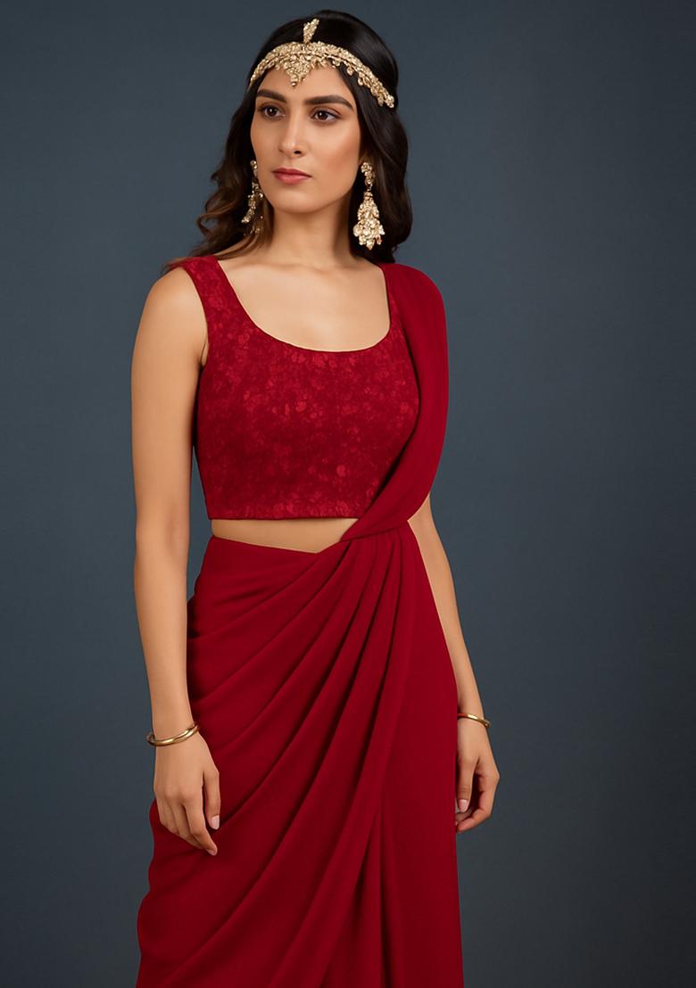 Red Embroidered Georgette Fusion Set - Indya