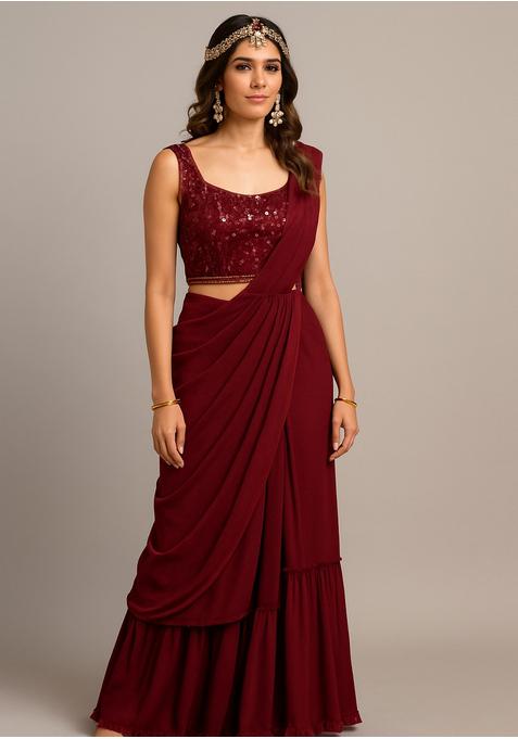 Maroon Embellished Blouse Georgette Fusion Set