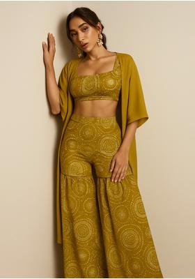 Olive Organza Printed Sharara Set