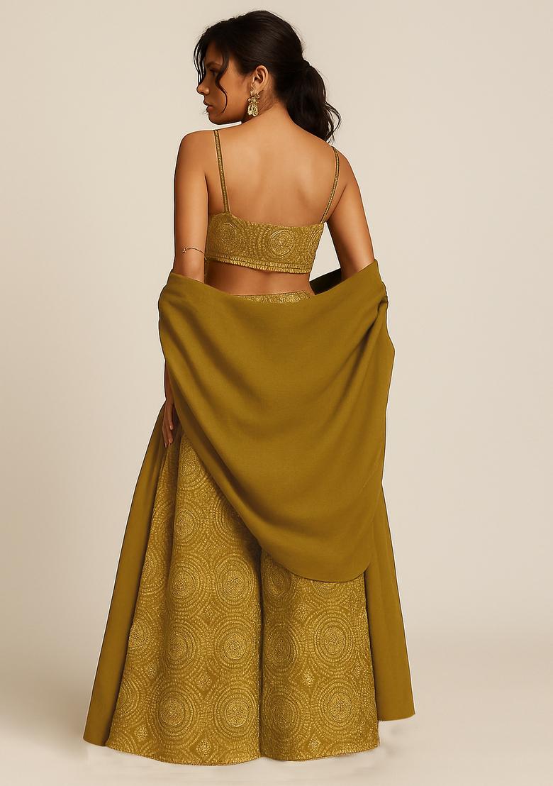 Olive Organza Printed Sharara Set - Indya