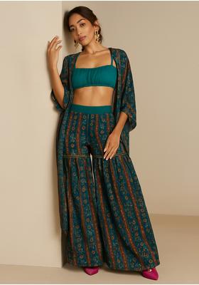 Teal Blue Chinon Printed Sharara Set