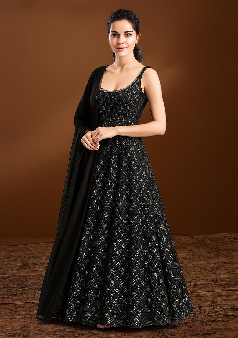 Black Satin Sequin Embellished Anarkali Set