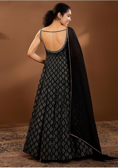 Black Satin Sequin Embellished Anarkali Set