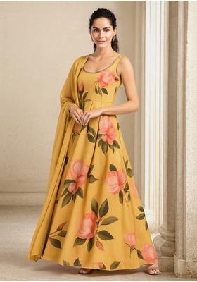 Yellow Organza Printed Anarkali Set