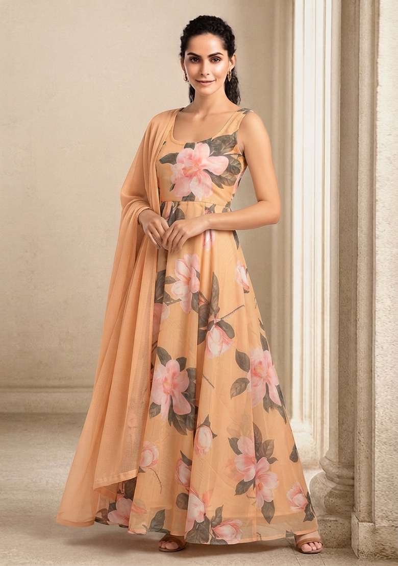 Yellow Organza Printed Anarkali Set - Indya