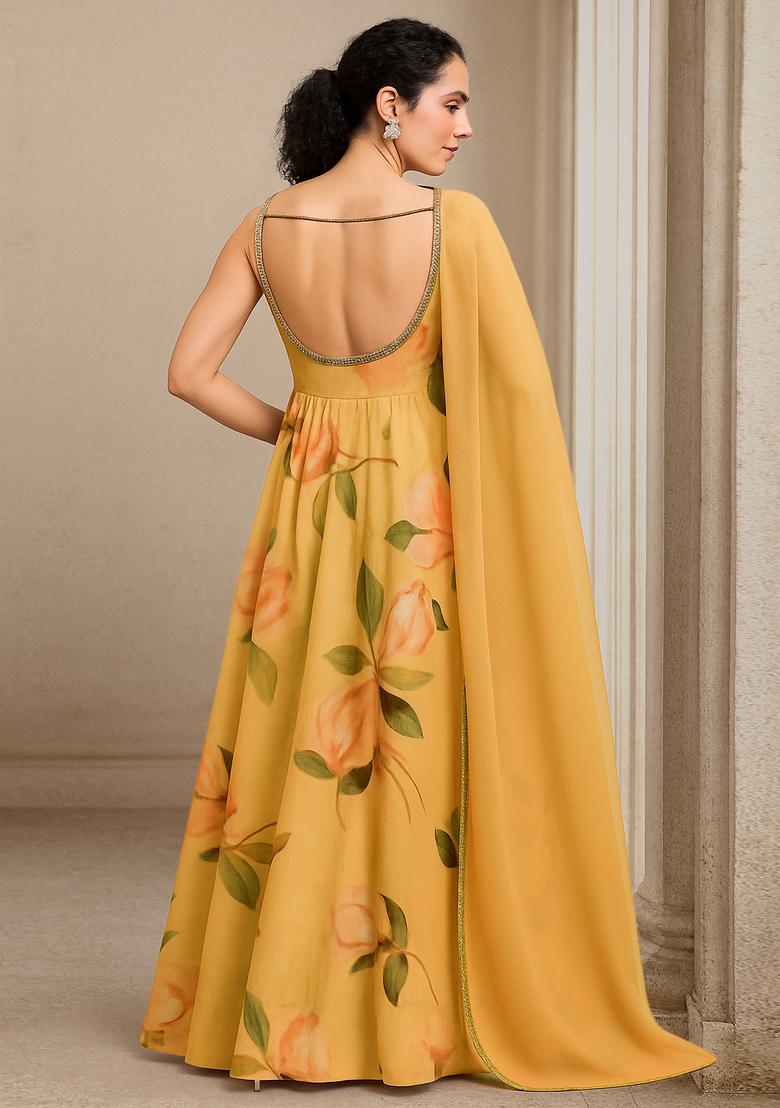 Yellow Organza Printed Anarkali Set - Indya