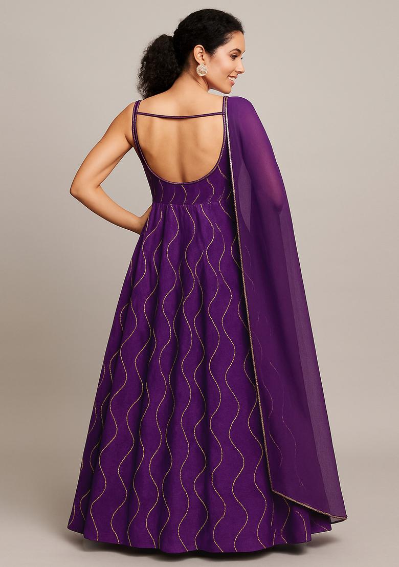 Purple Organza Sequin Embellished Anarkali Set - Indya