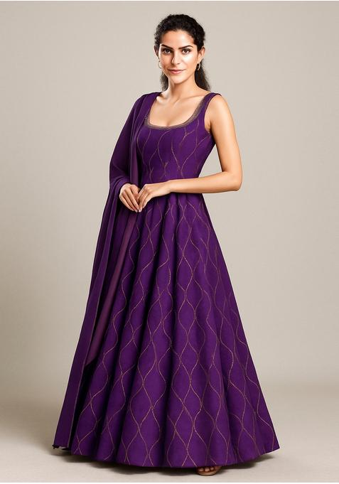 Purple Organza Sequin Embellished Anarkali Set