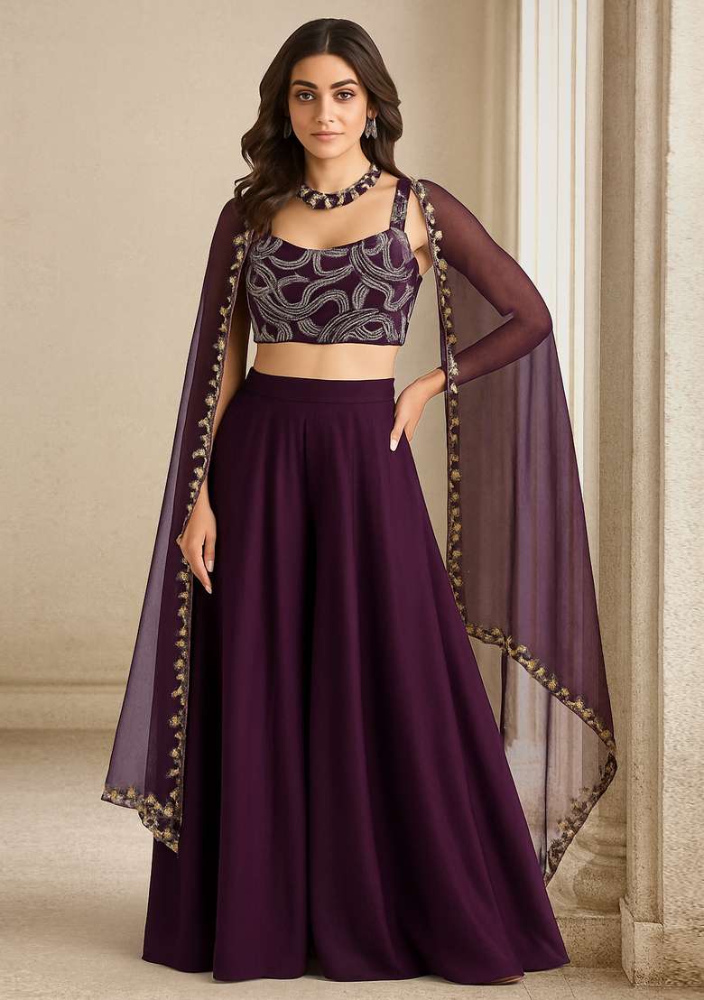 Purple Chinon Sequin Embellished Sharara Set - Indya