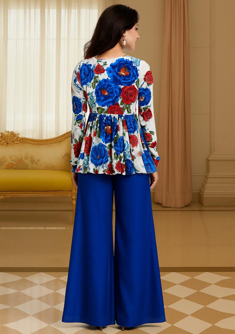 Royal Blue Crepe Printed Kurta Set - Indya