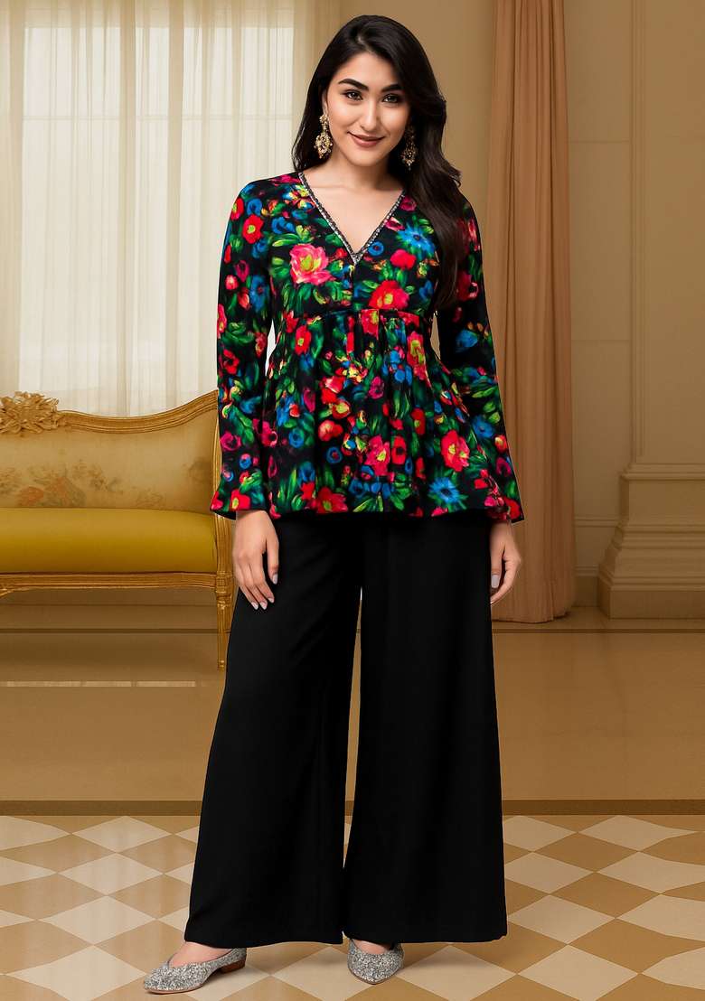 Black Floral Print Crepe Co Ord Set - Indya