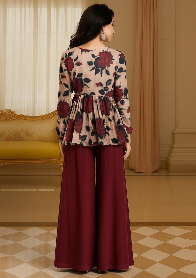 Maroon Crepe Printed Kurta Set - Indya