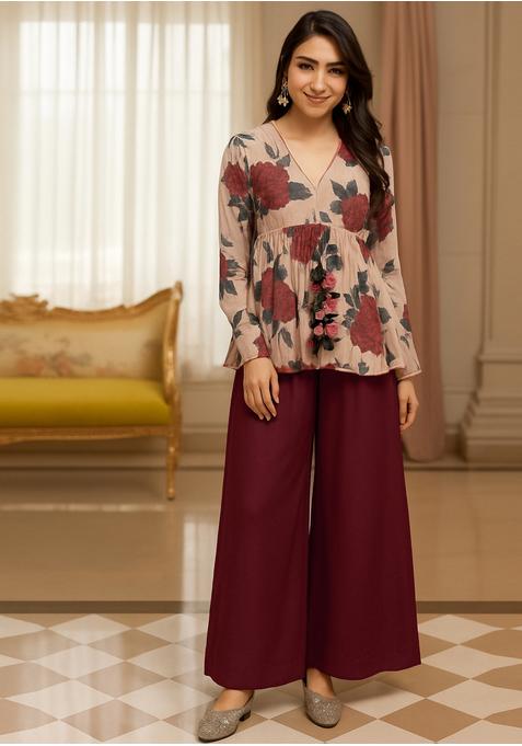 Maroon Crepe Printed Kurta Set